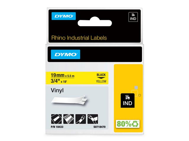 Tape Rhino vinyl 19mm svart på gul