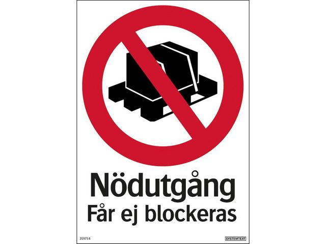 Skylt Nödutgång får ej blockeras 210x297